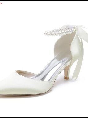 Pearl Satin Kitten Heel Wedding Pumps Closed Toe Ankle Strap Bow Bridal Shoes